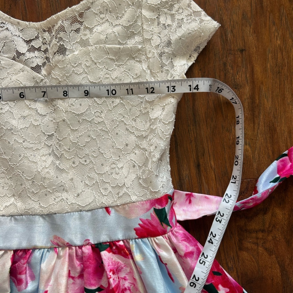 White Lace Top Floral High-Low Dress with Pink Rose Print  Special Occasions - Picture 6 of 8